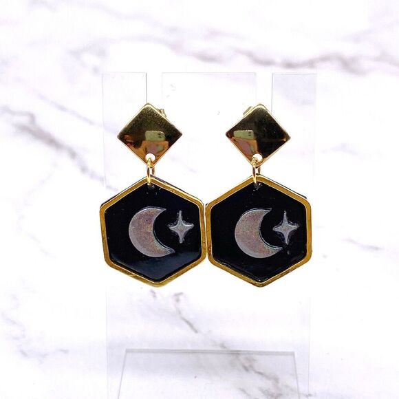 Jewelry - Black Holographic Celestial Crescent Moon Dangle Stud Earrings